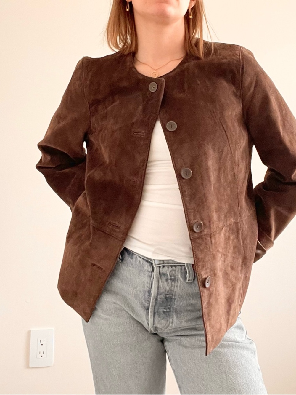 Vintage Chocolate Brown Suede Button-Front Leather Jacket